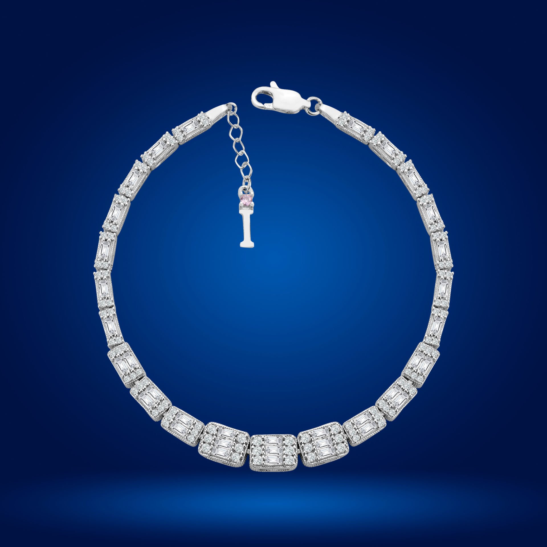 925 Ayar Gümüş Ful Baget Taşlı Zincir Harfli Su Yolu Bileklik I