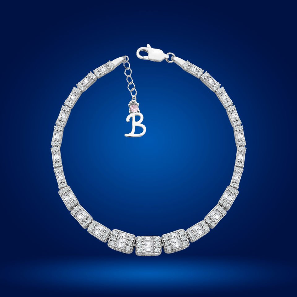 925 Ayar Gümüş Ful Baget Taşlı Zincir Harfli Su Yolu Bileklik B