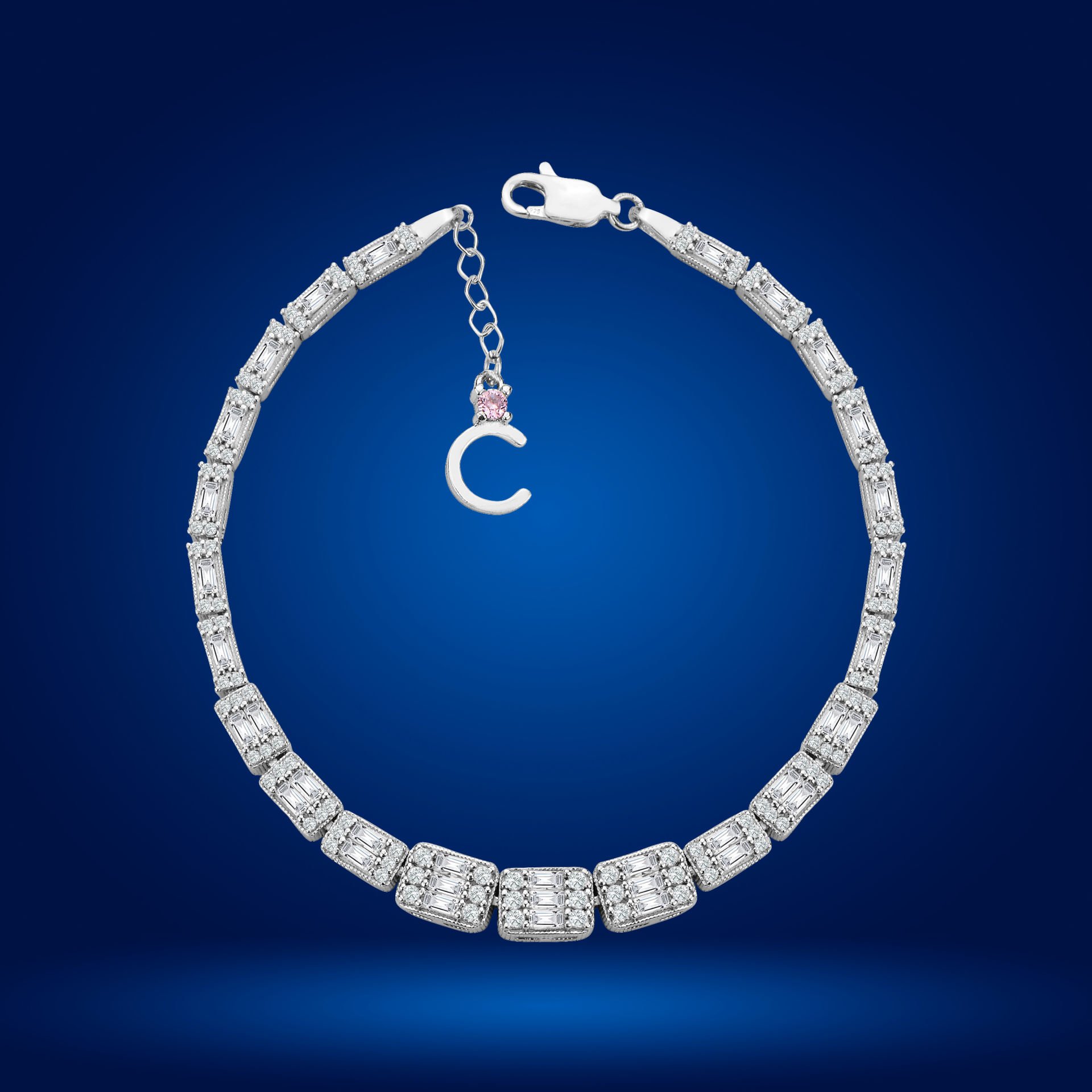 925 Ayar Gümüş Ful Baget Taşlı Zincir Harfli Su Yolu Bileklik C