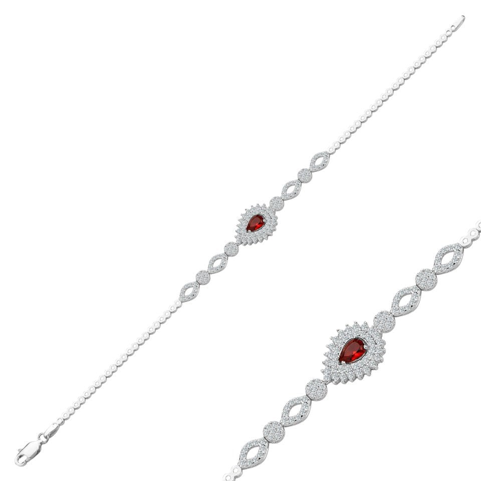 925 Ayar Gümüş Kırmızı Hürrem Damla Taşlı Zincir Harfli Su Yolu Bileklik