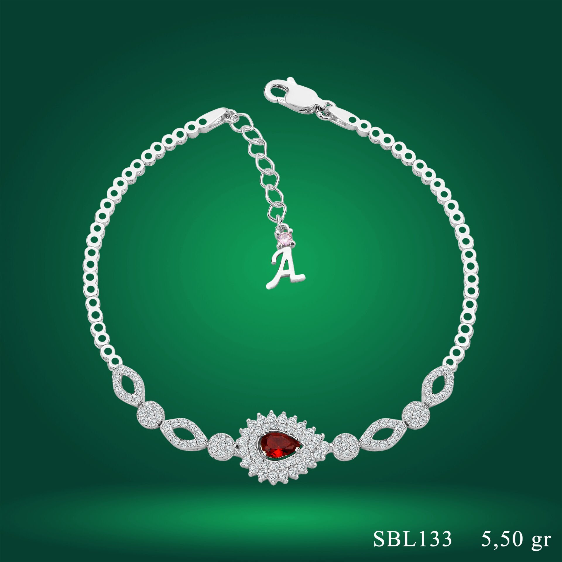 925 Ayar Gümüş Kırmızı Hürrem Damla Taşlı Zincir Harfli Su Yolu Bileklik