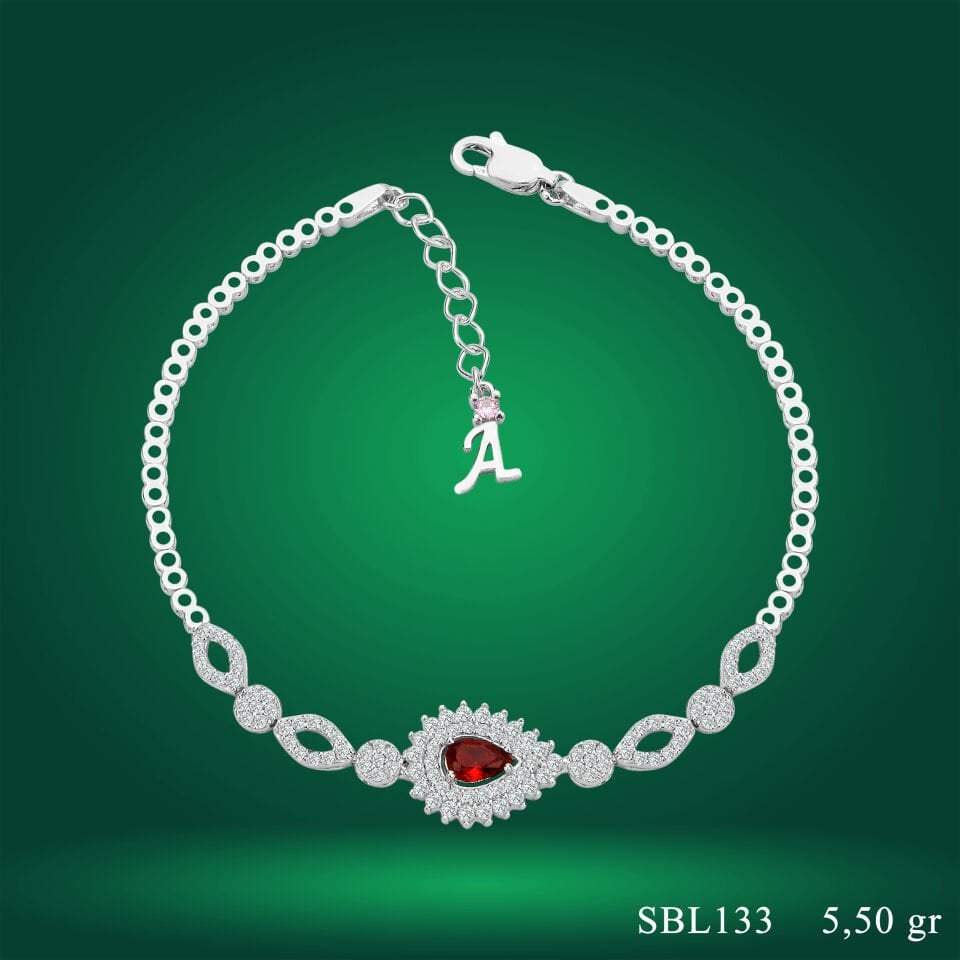 925 Ayar Gümüş Kırmızı Hürrem Damla Taşlı Zincir Harfli Su Yolu Bileklik