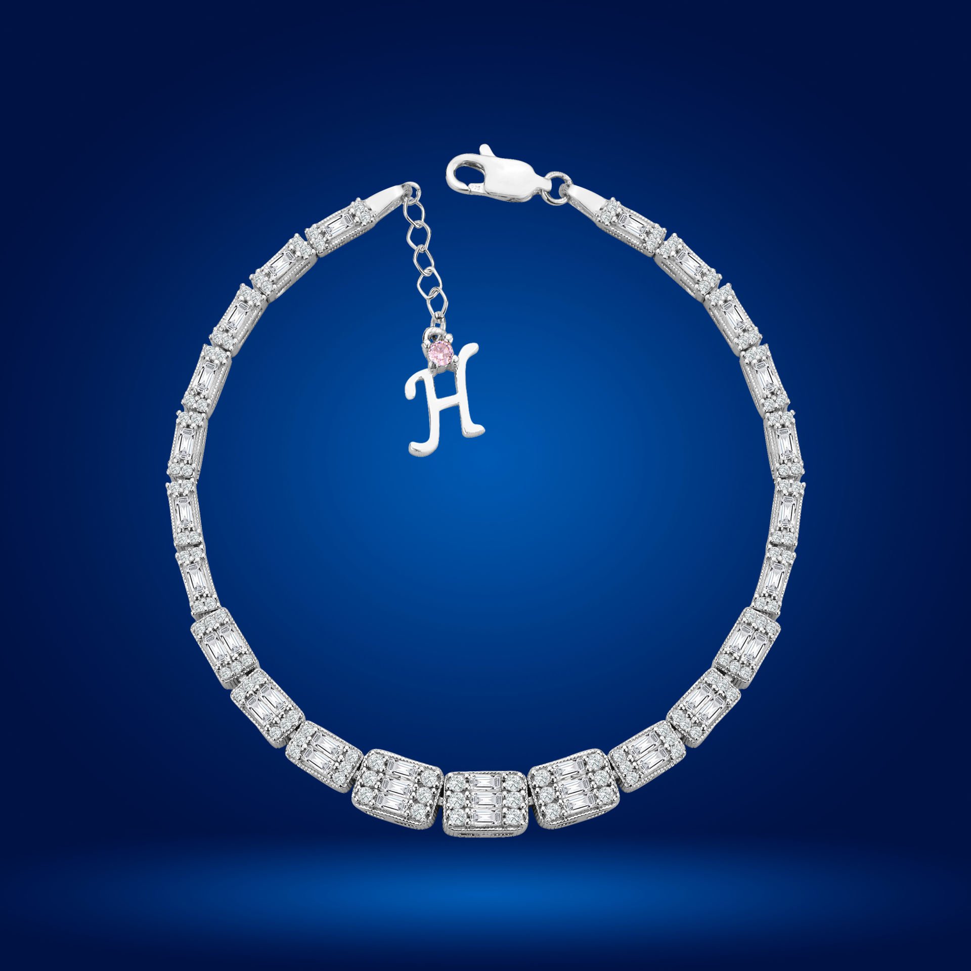 925 Ayar Gümüş Ful Baget Taşlı Zincir Harfli Su Yolu Bileklik H