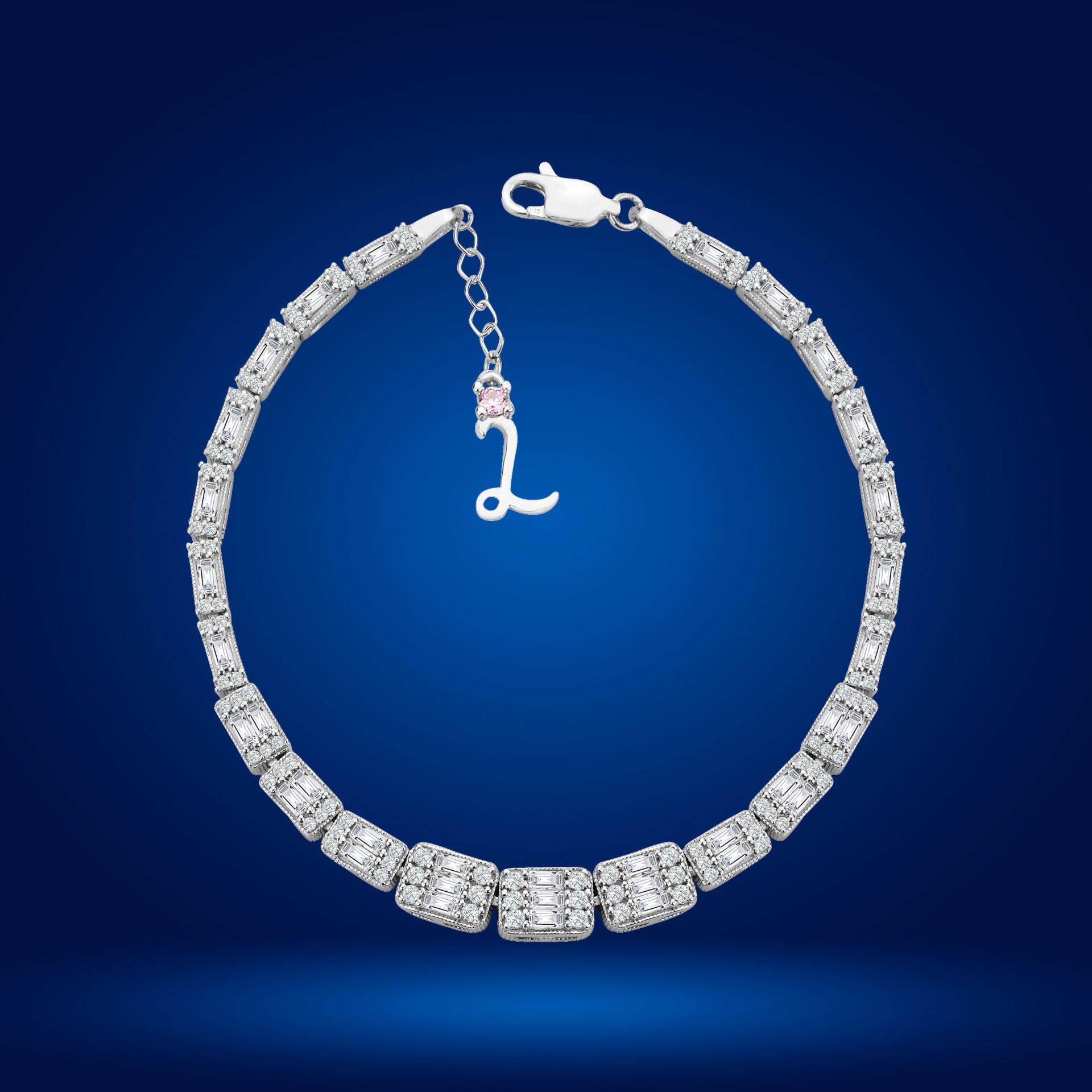 925 Ayar Gümüş Ful Baget Taşlı Zincir Harfli Su Yolu Bileklik L