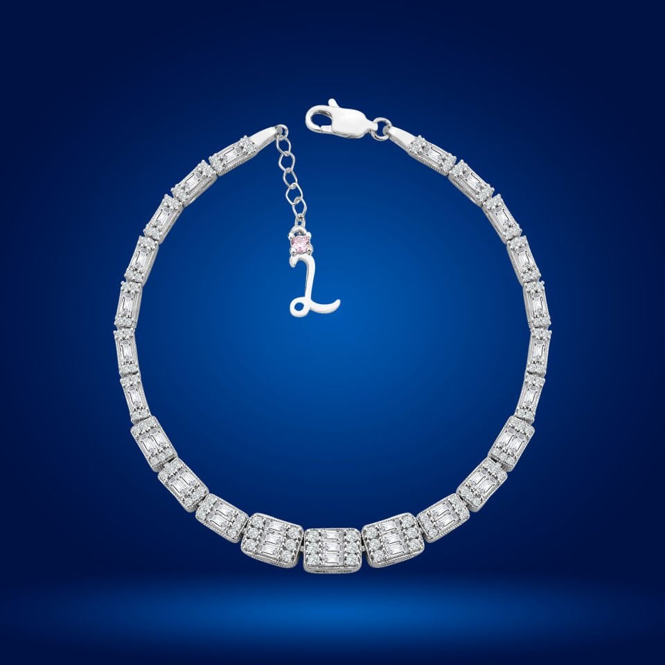 925 Ayar Gümüş Ful Baget Taşlı Zincir Harfli Su Yolu Bileklik L