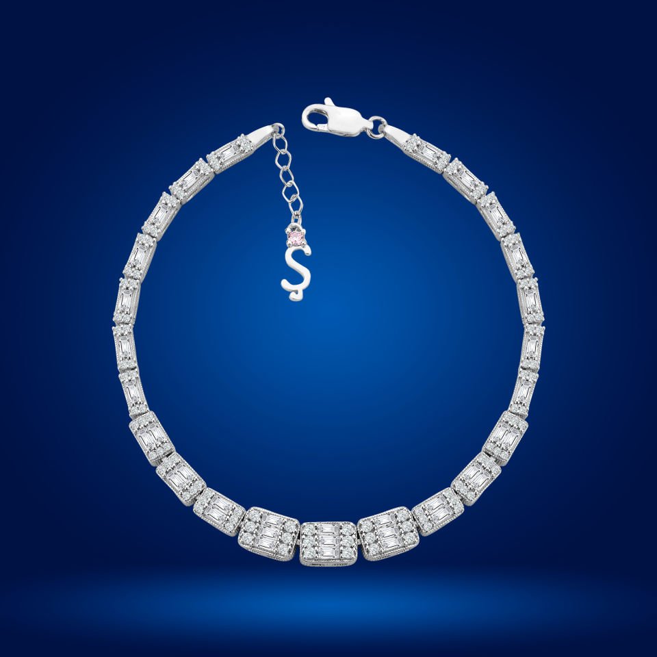 925 Ayar Gümüş Ful Baget Taşlı Zincir Harfli Su Yolu Bileklik Ş