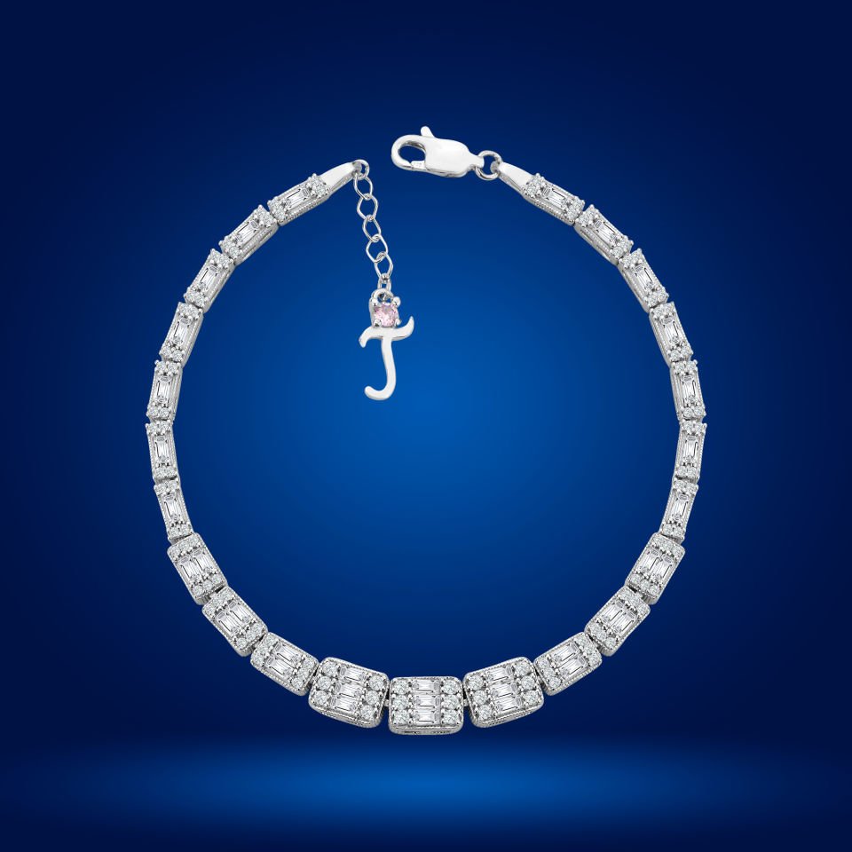 925 Ayar Gümüş Ful Baget Taşlı Zincir Harfli Su Yolu Bileklik T