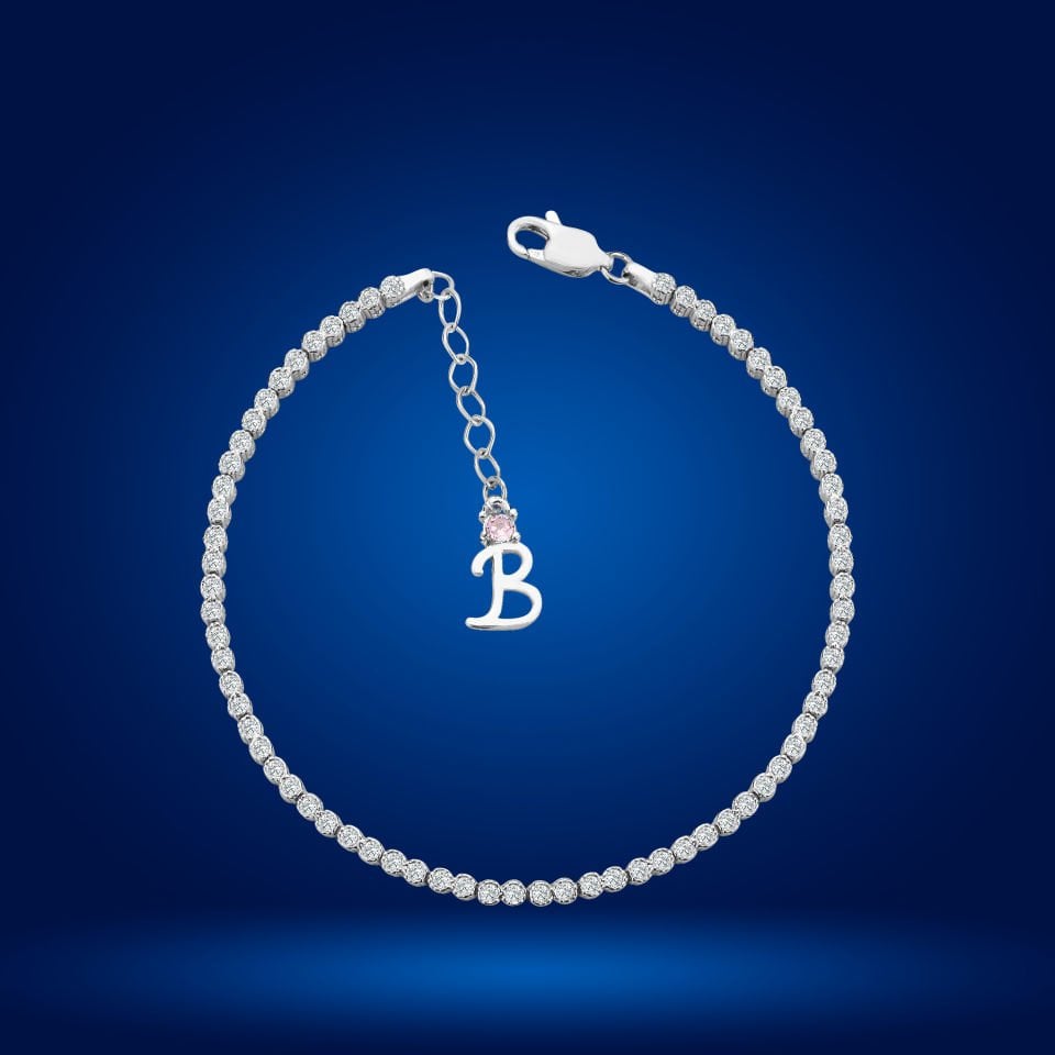 925 Ayar Gümüş Pırlanta Montür Taşlı Zincir Harfli Su Yolu Bileklik B