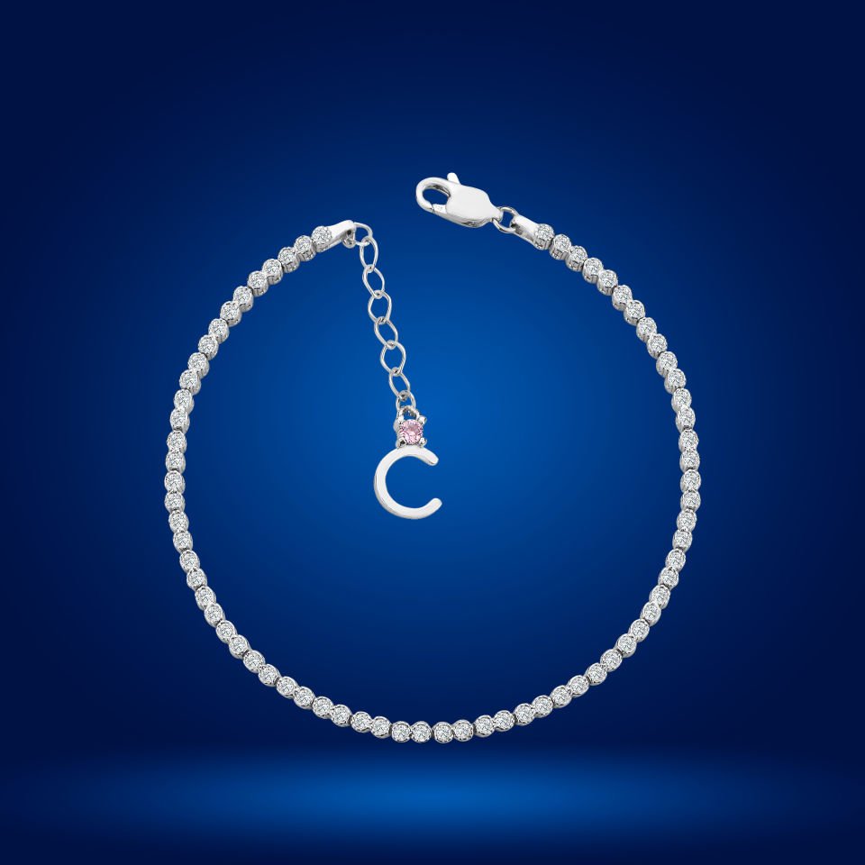 925 Ayar Gümüş Pırlanta Montür Taşlı Zincir Harfli Su Yolu Bileklik C