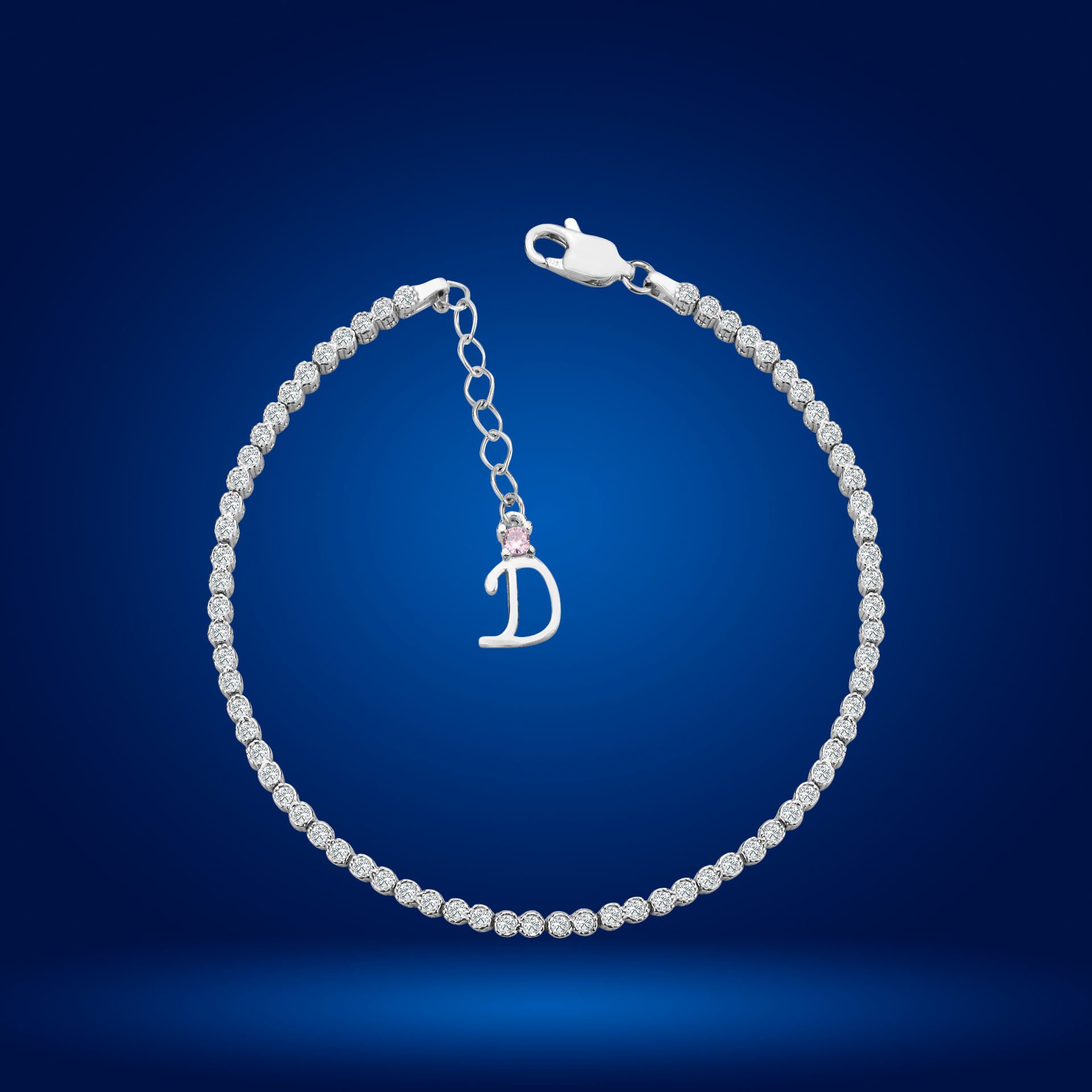 925 Ayar Gümüş Pırlanta Montür Taşlı Zincir Harfli Su Yolu Bileklik D