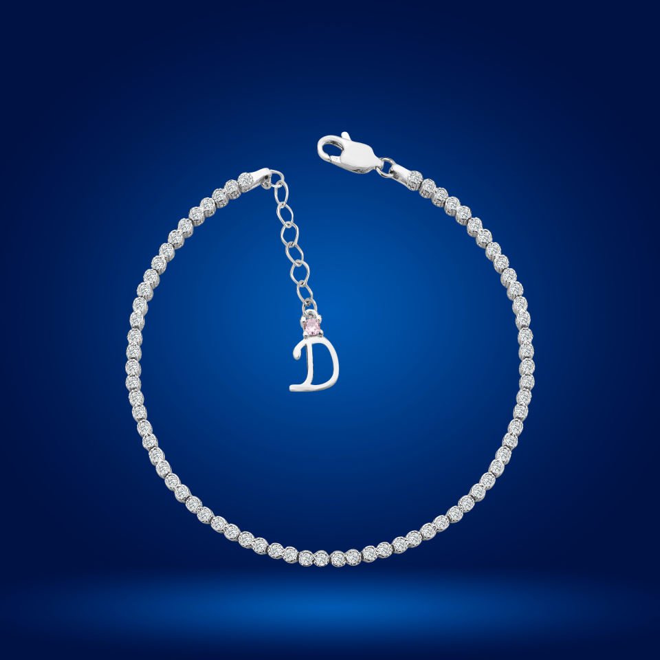 925 Ayar Gümüş Pırlanta Montür Taşlı Zincir Harfli Su Yolu Bileklik D