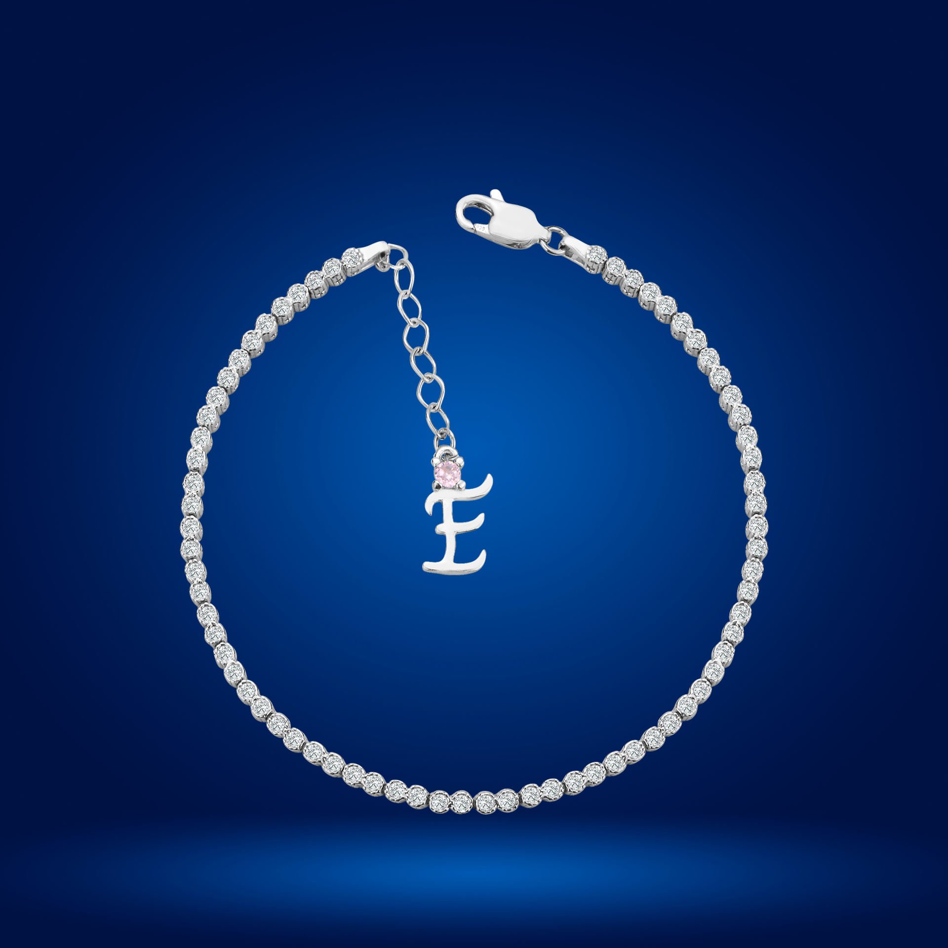 925 Ayar Gümüş Pırlanta Montür Taşlı Zincir Harfli Su Yolu Bileklik E