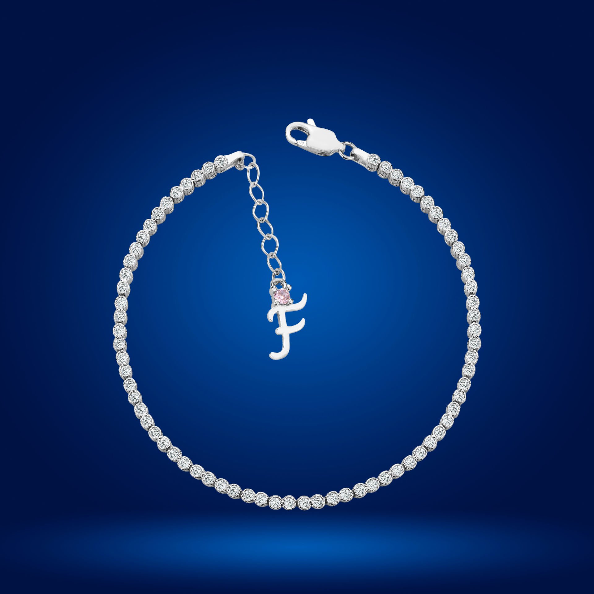 925 Ayar Gümüş Pırlanta Montür Taşlı Zincir Harfli Su Yolu Bileklik F