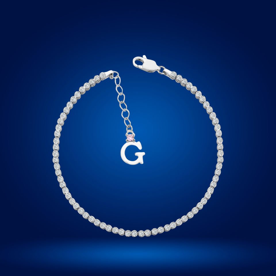 925 Ayar Gümüş Pırlanta Montür Taşlı Zincir Harfli Su Yolu Bileklik G