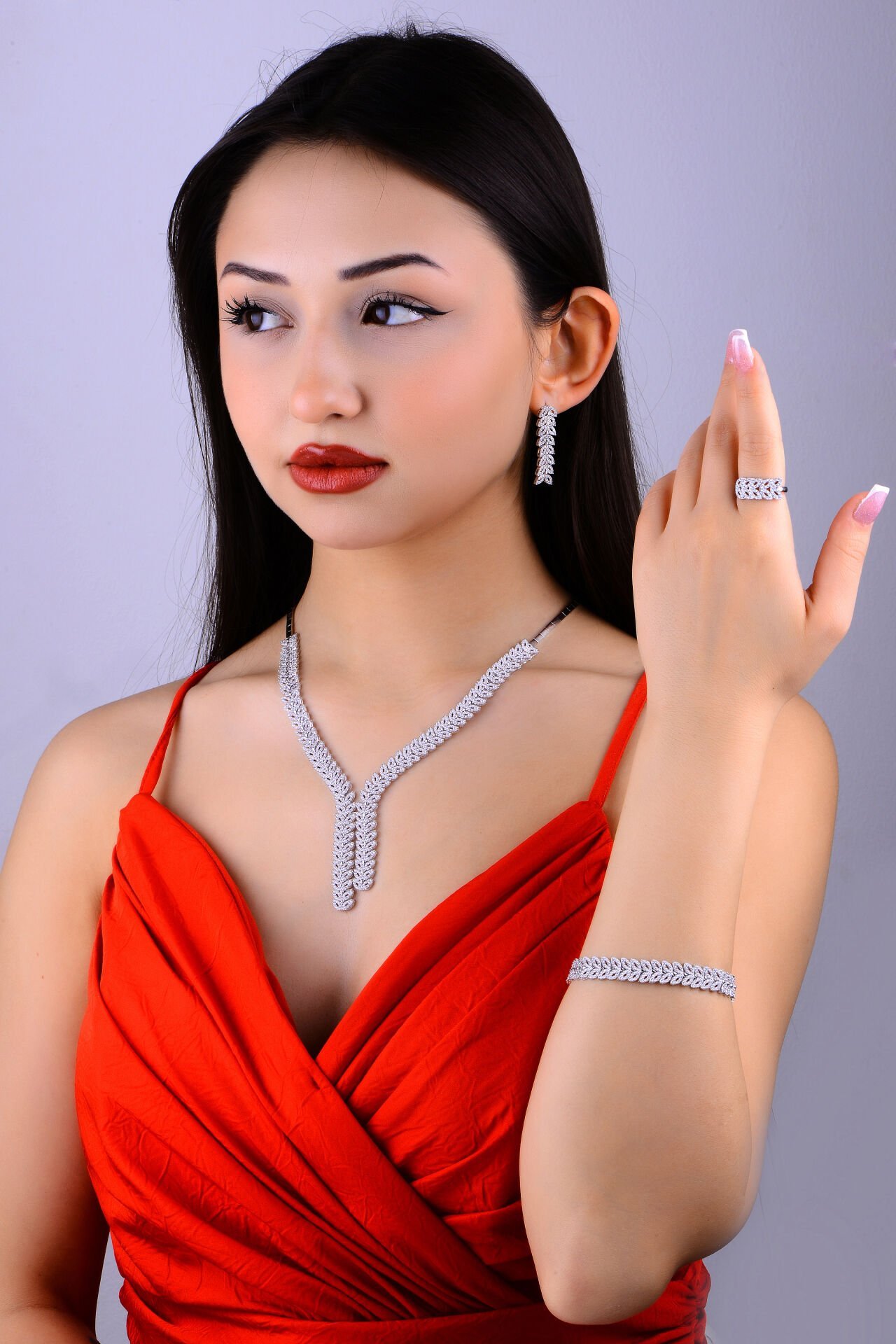 925 Ayar Gümüş Ful Taşlı Balık Model Su Yolu Set