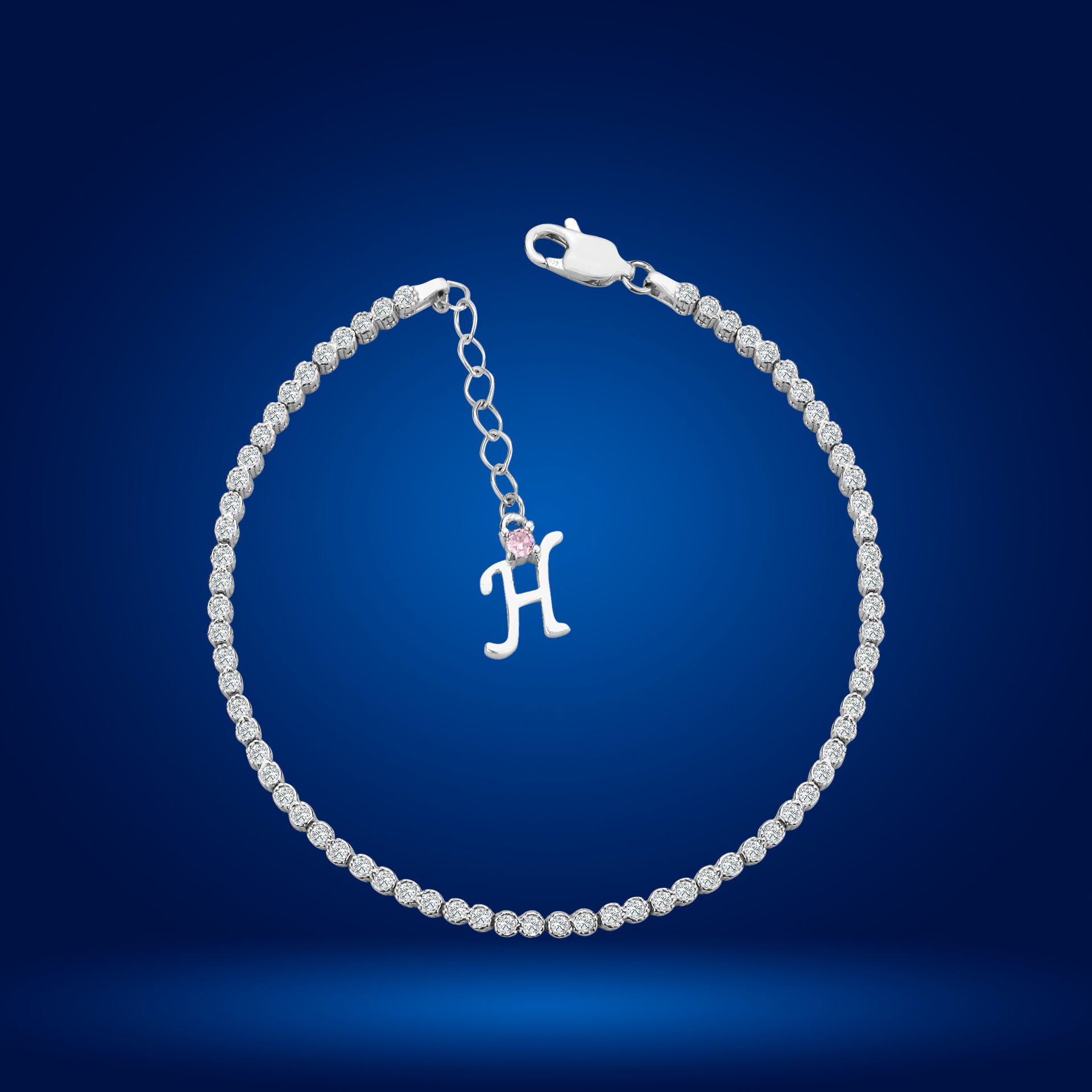 925 Ayar Gümüş Pırlanta Montür Taşlı Zincir Harfli Su Yolu Bileklik H