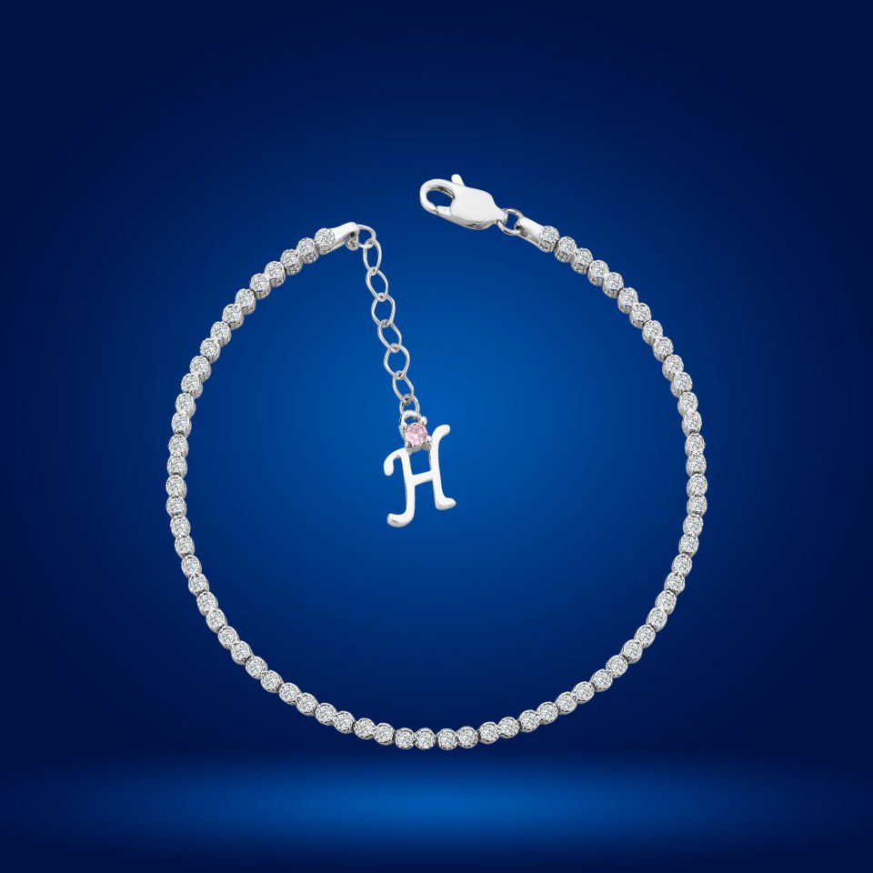 925 Ayar Gümüş Pırlanta Montür Taşlı Zincir Harfli Su Yolu Bileklik H