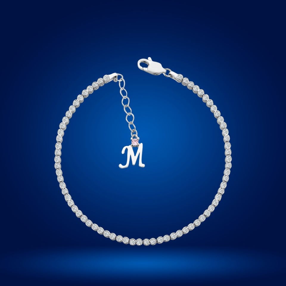 925 Ayar Gümüş Pırlanta Montür Taşlı Zincir Harfli Su Yolu Bileklik M