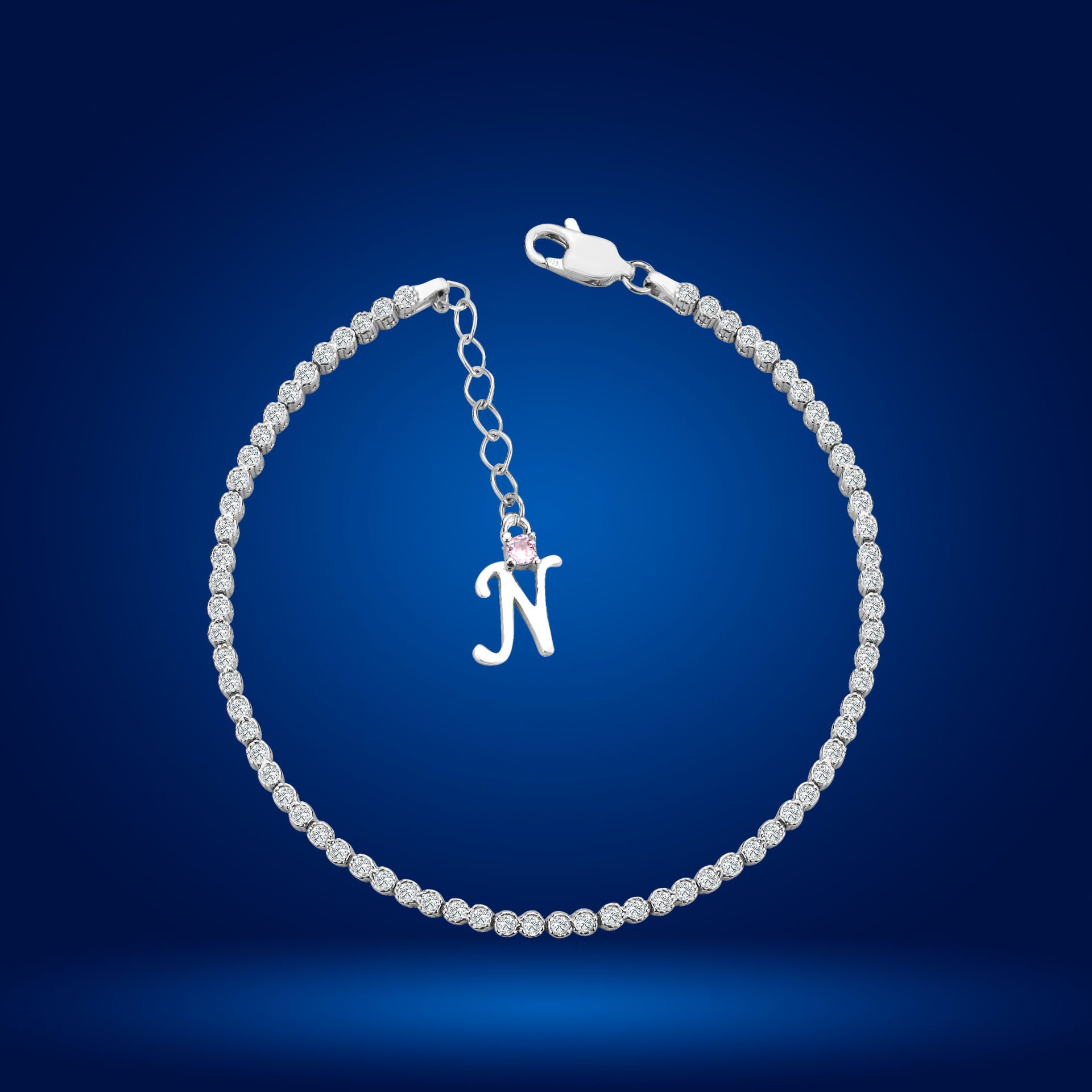 925 Ayar Gümüş Pırlanta Montür Taşlı Zincir Harfli Su Yolu Bileklik N