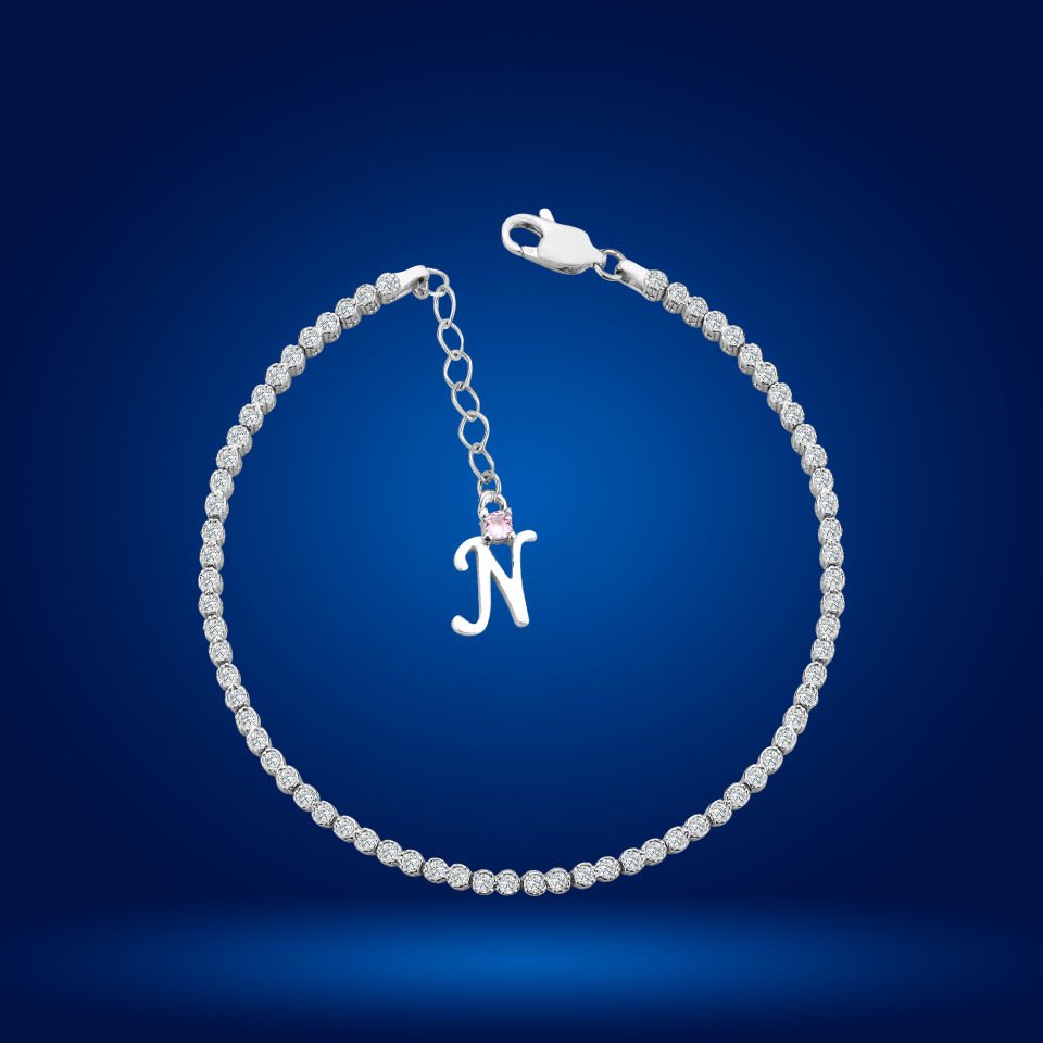 925 Ayar Gümüş Pırlanta Montür Taşlı Zincir Harfli Su Yolu Bileklik N