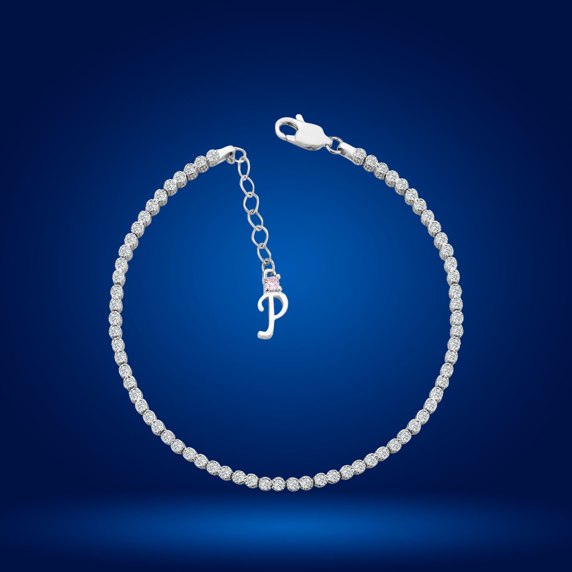 925 Ayar Gümüş Pırlanta Montür Taşlı Zincir Harfli Su Yolu Bileklik P