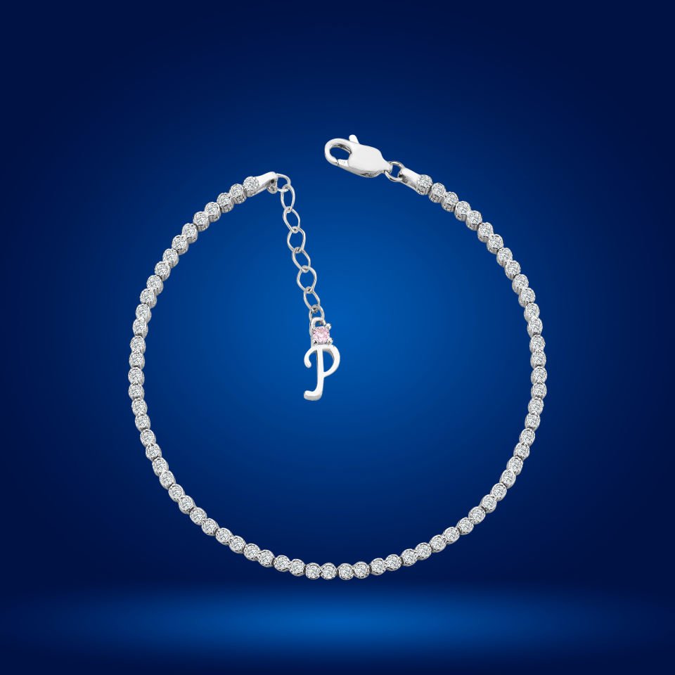 925 Ayar Gümüş Pırlanta Montür Taşlı Zincir Harfli Su Yolu Bileklik P