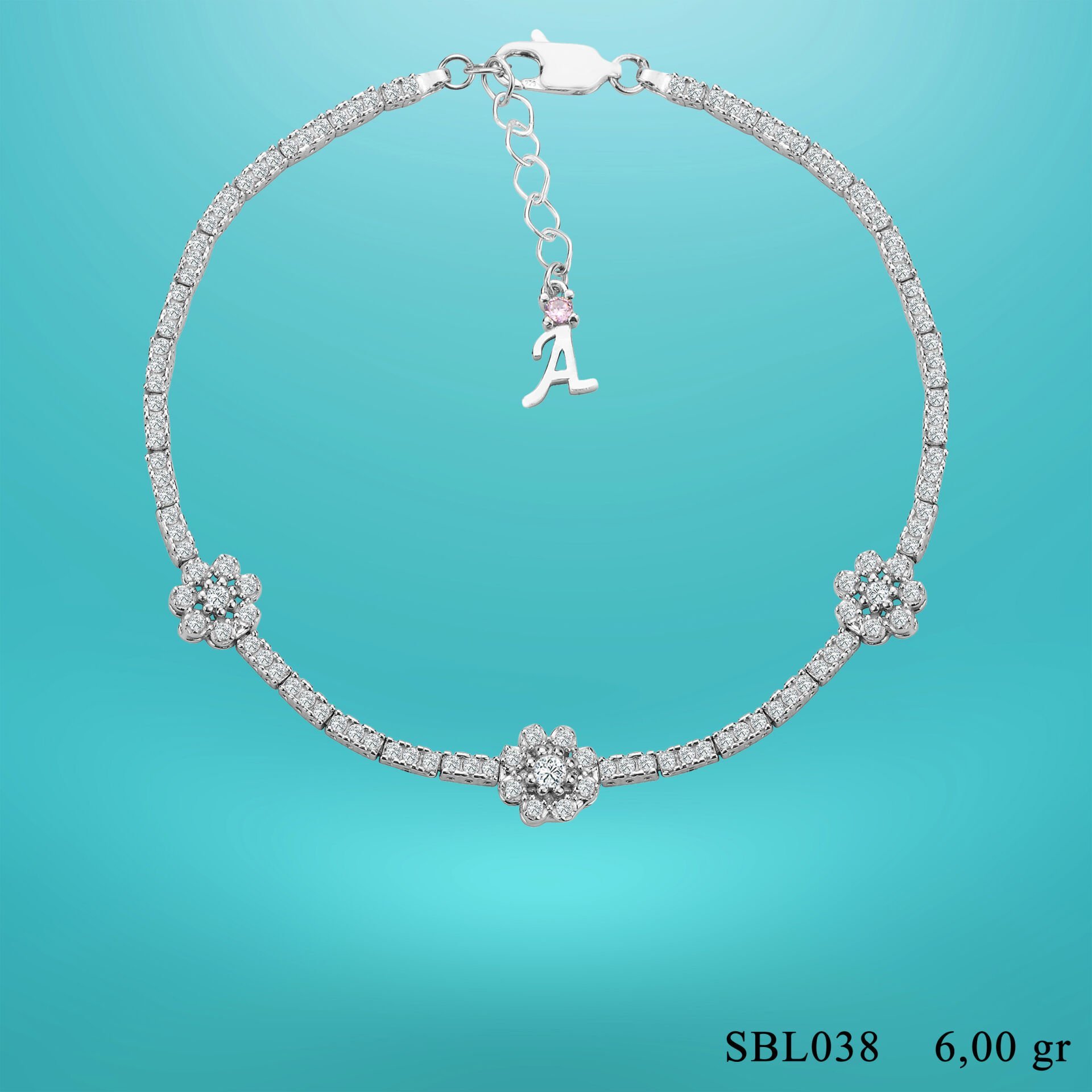 925 Ayar Gümüş Papatya Model Zincir Harfli Su Yolu Bileklik