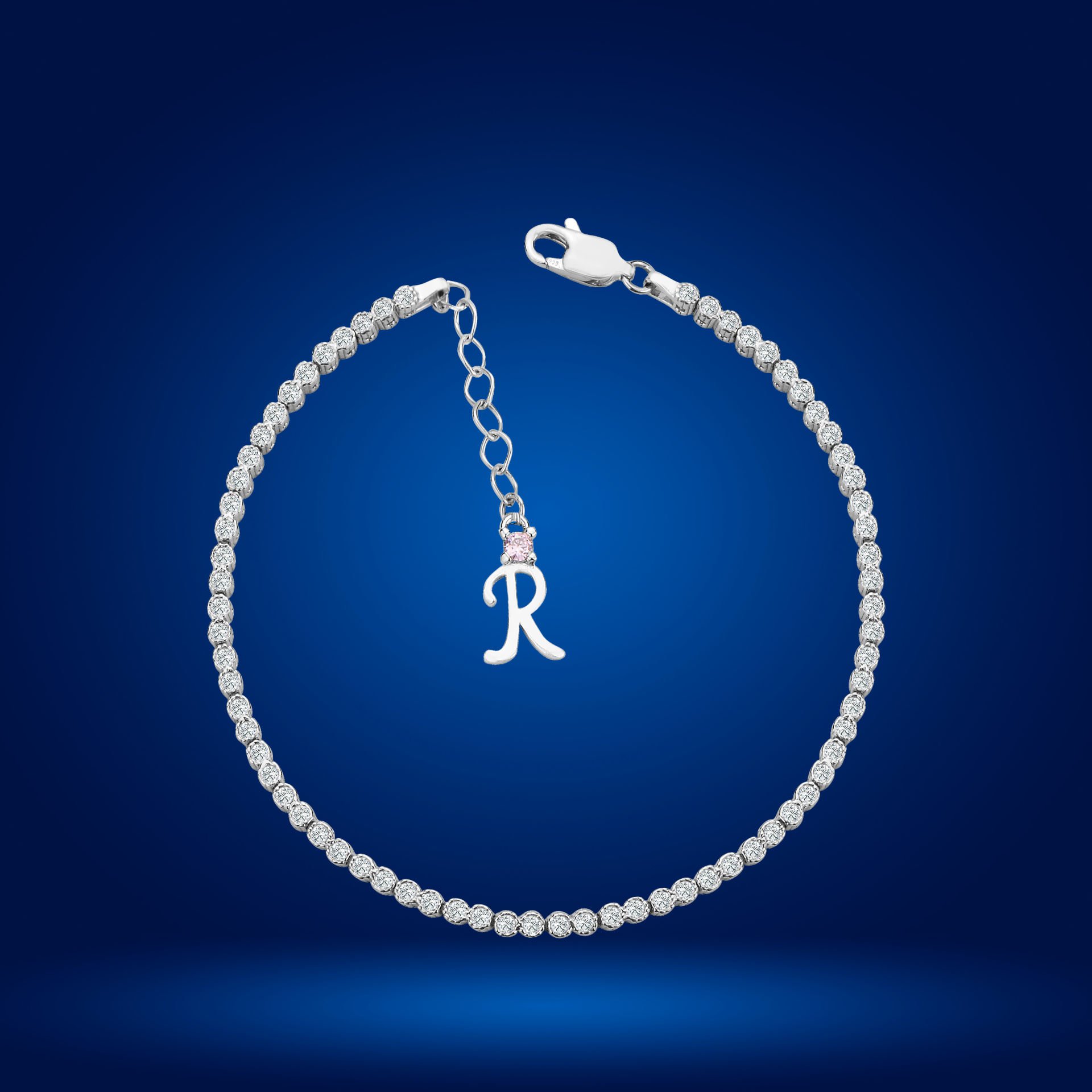 925 Ayar Gümüş Pırlanta Montür Taşlı Zincir Harfli Su Yolu Bileklik R