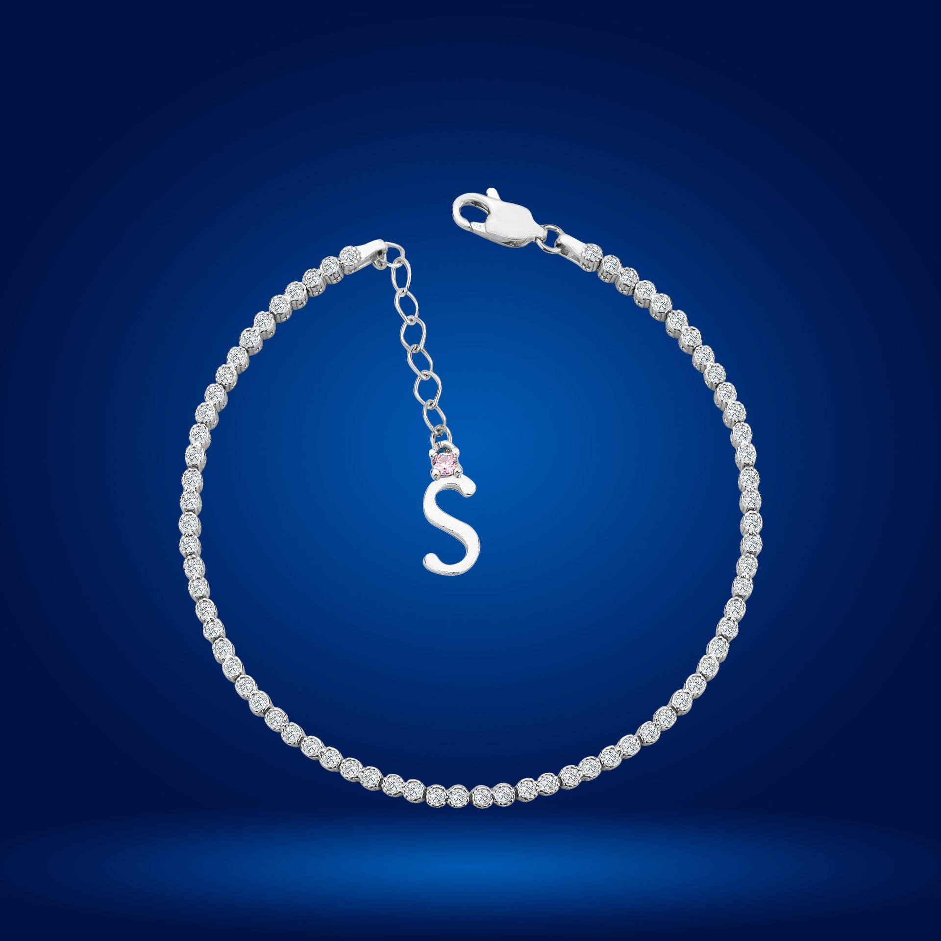 925 Ayar Gümüş Pırlanta Montür Taşlı Zincir Harfli Su Yolu Bileklik S