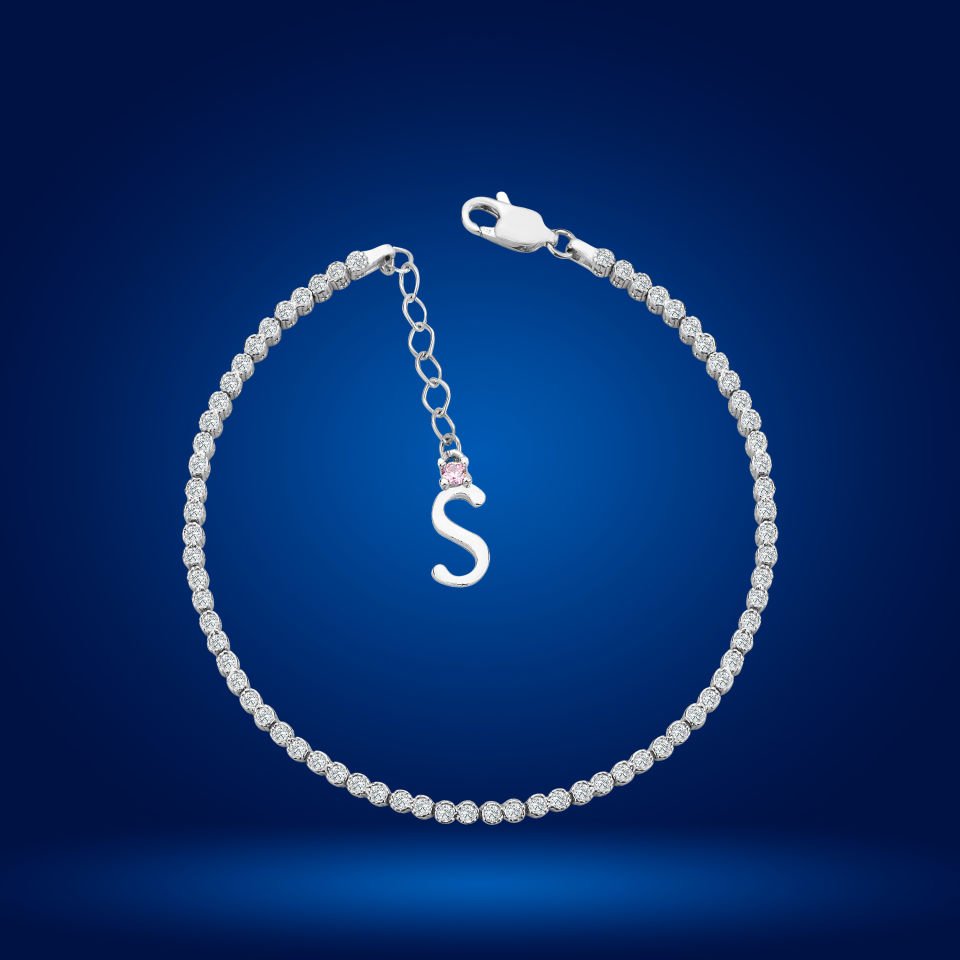 925 Ayar Gümüş Pırlanta Montür Taşlı Zincir Harfli Su Yolu Bileklik S