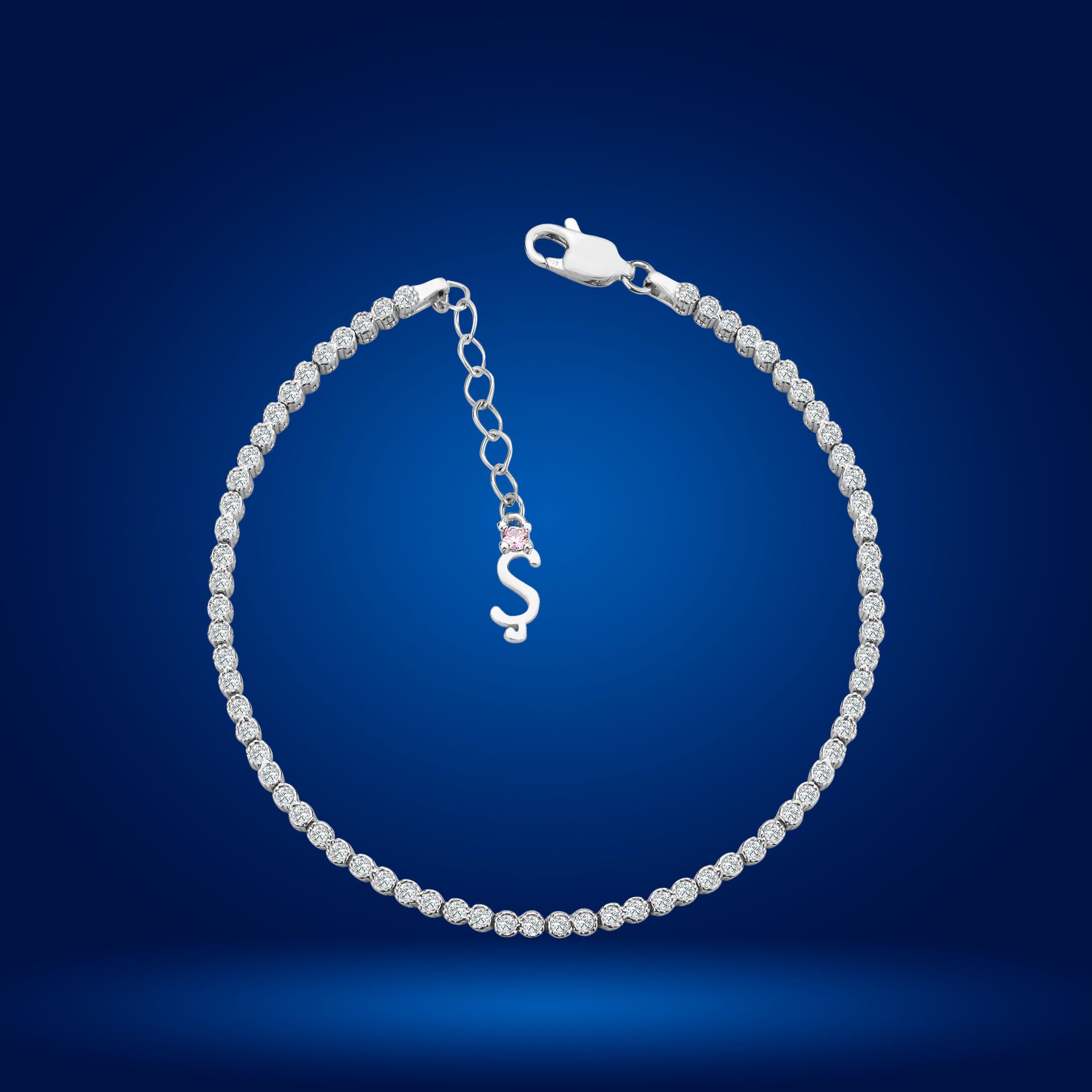 925 Ayar Gümüş Pırlanta Montür Taşlı Zincir Harfli Su Yolu Bileklik Ş