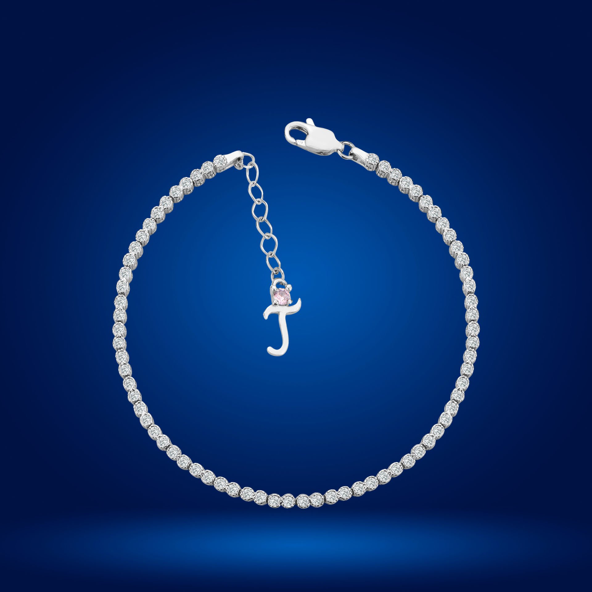 925 Ayar Gümüş Pırlanta Montür Taşlı Zincir Harfli Su Yolu Bileklik T