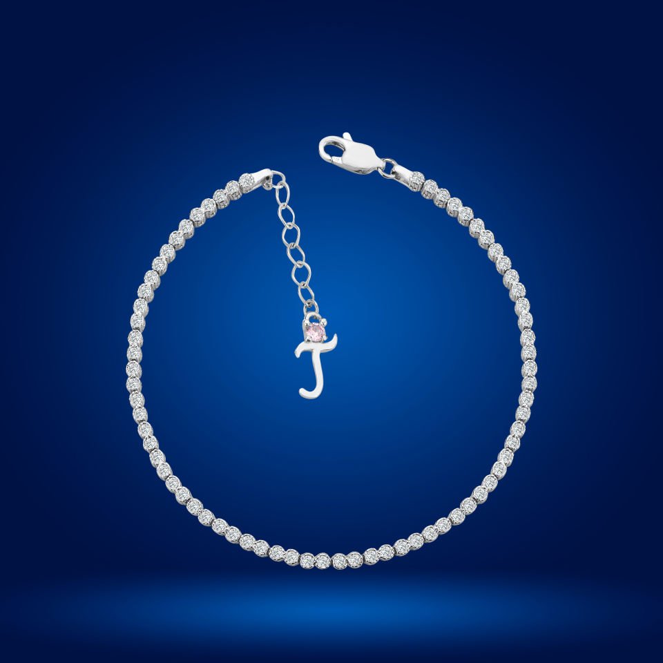 925 Ayar Gümüş Pırlanta Montür Taşlı Zincir Harfli Su Yolu Bileklik T