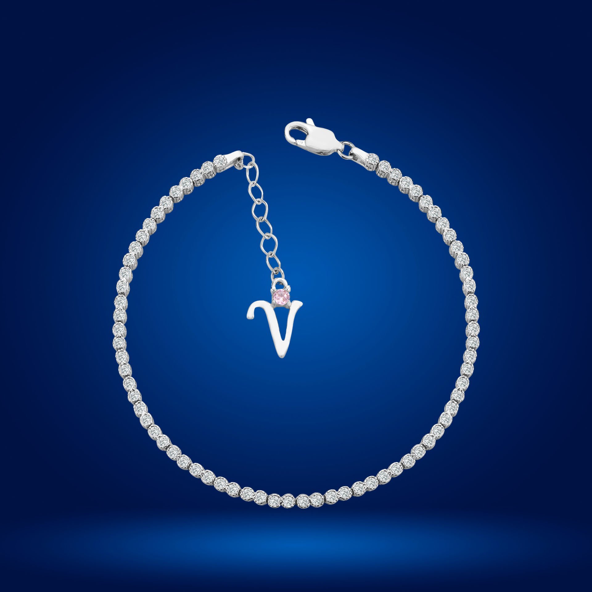 925 Ayar Gümüş Pırlanta Montür Taşlı Zincir Harfli Su Yolu Bileklik V