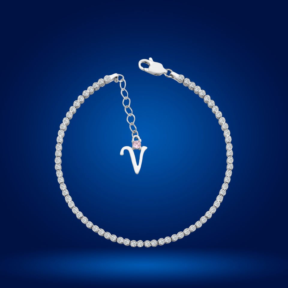 925 Ayar Gümüş Pırlanta Montür Taşlı Zincir Harfli Su Yolu Bileklik V