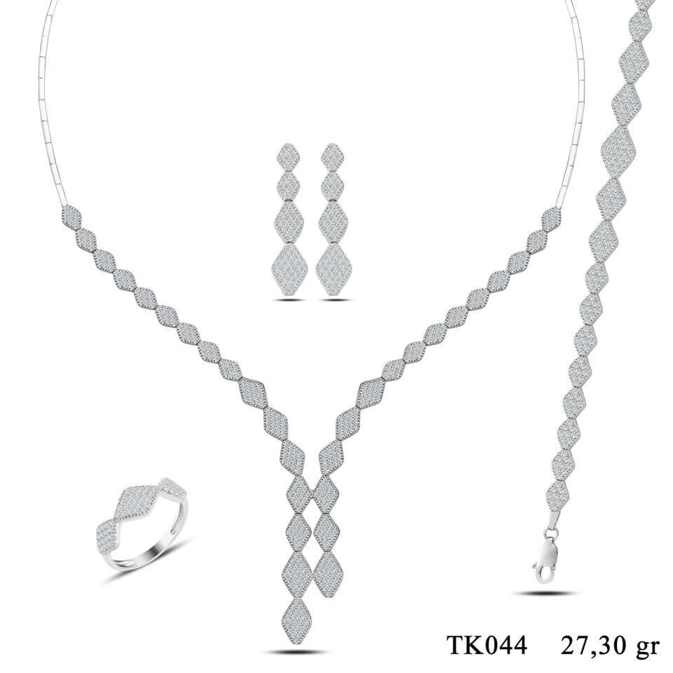 925 Ayar Gümüş Pırlanta Montür Badem Tanesi Sıralı Çift Salkım Su Yolu Set