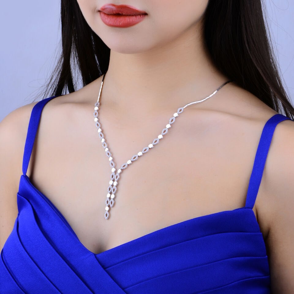 925 Ayar Gümüş Pırlanta Montür Göz Modeli Çift Salkım Su Yolu Set