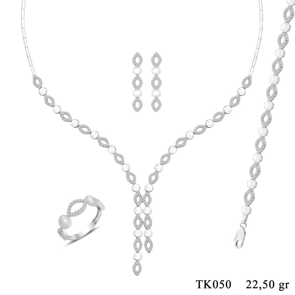 925 Ayar Gümüş Pırlanta Montür Göz Modeli Çift Salkım Su Yolu Set