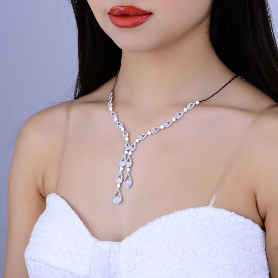 925 Ayar Gümüş Pırlanta Montür Damla Model Çift Salkım Su Yolu Set