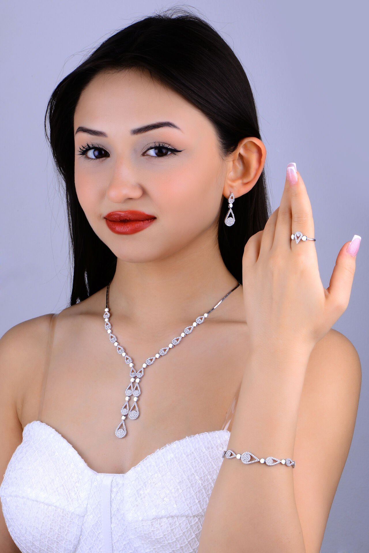 925 Ayar Gümüş Pırlanta Montür Damla Model Çift Salkım Su Yolu Set