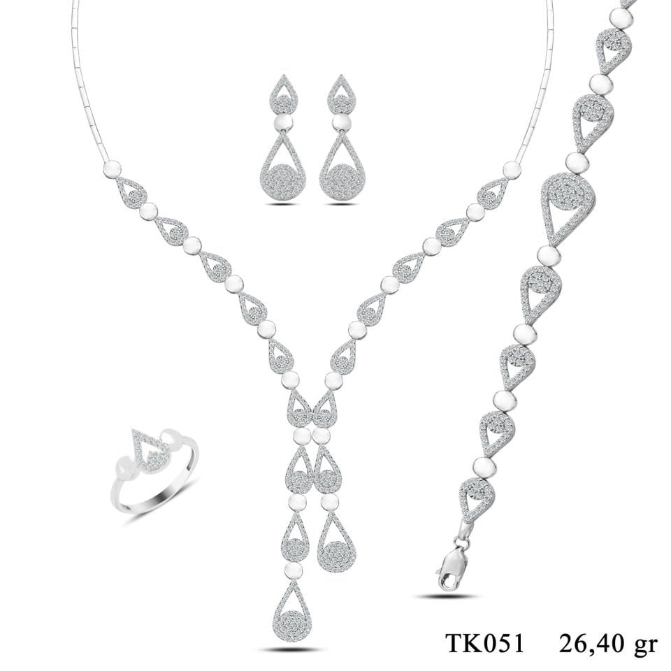 925 Ayar Gümüş Pırlanta Montür Damla Model Çift Salkım Su Yolu Set