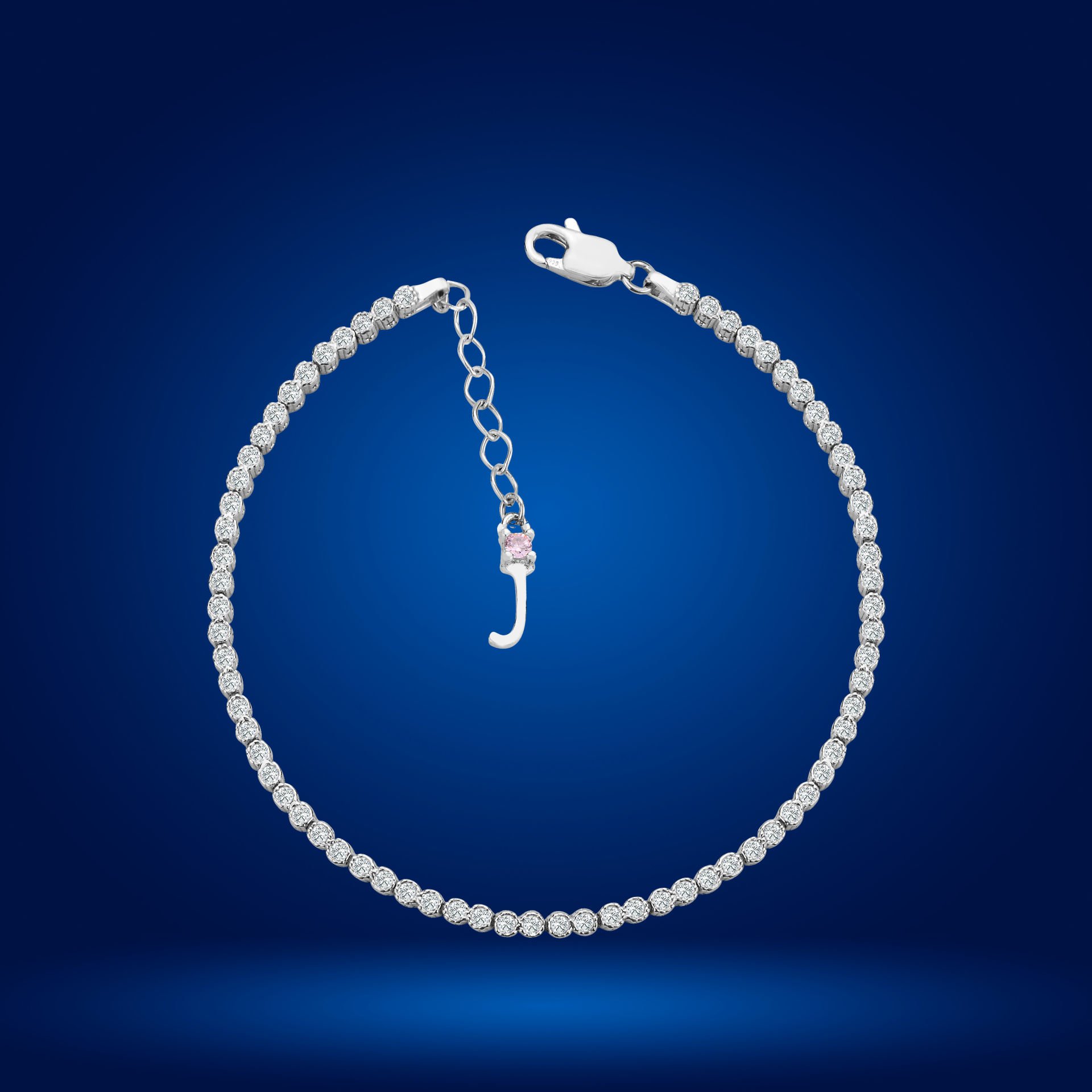 925 Ayar Gümüş Pırlanta Montür Taşlı Zincir Harfli Su Yolu Bileklik J