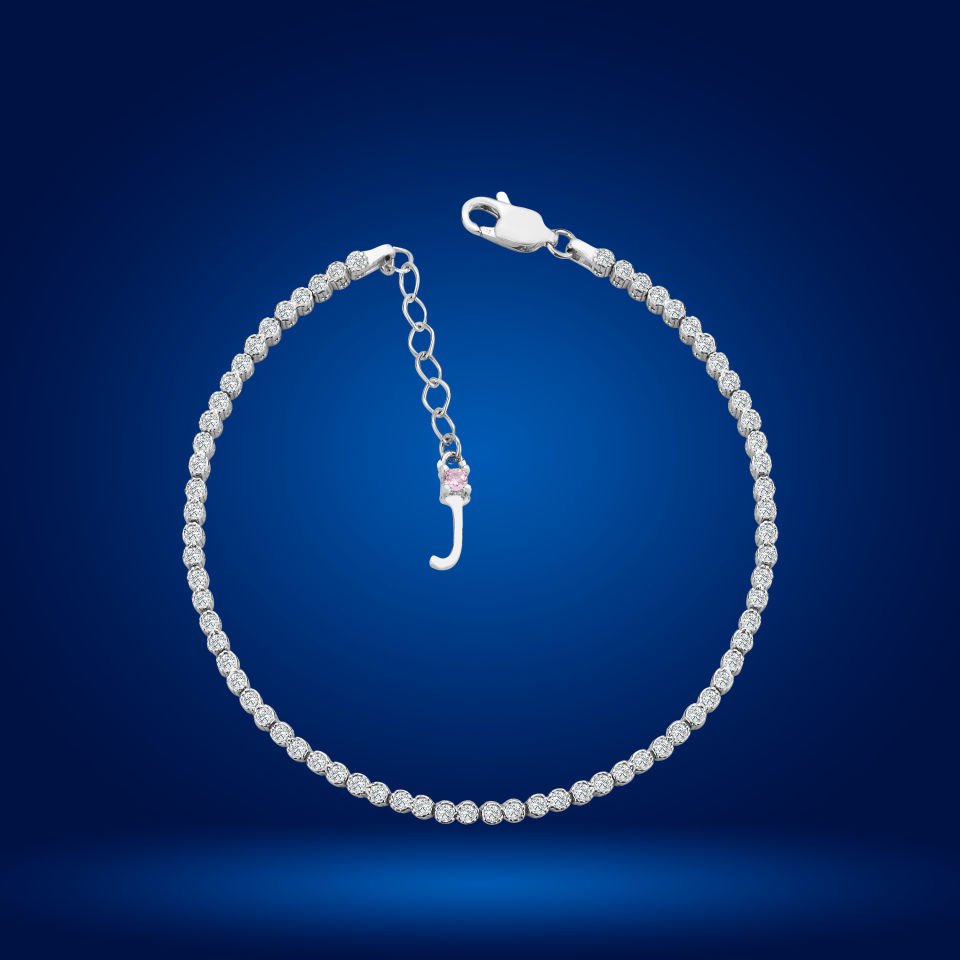 925 Ayar Gümüş Pırlanta Montür Taşlı Zincir Harfli Su Yolu Bileklik J