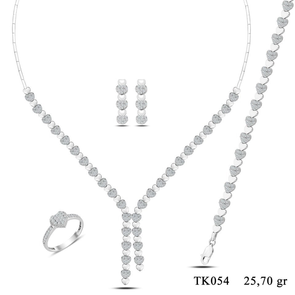925 Ayar Gümüş Pırlanta Montür Kalpli Çift Salkım Su Yolu Set