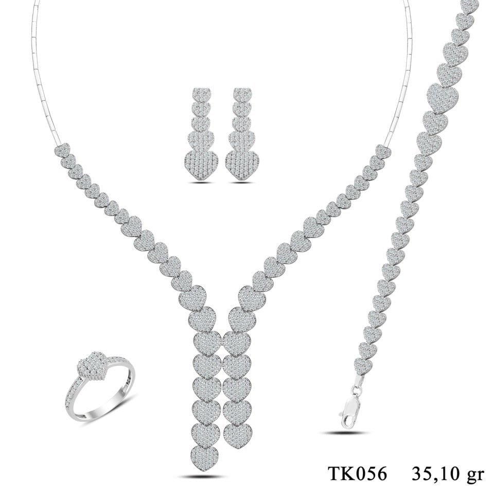 925 Ayar Gümüş Pırlanta Montür Kalpli Zarif Çift Salkım Su Yolu Set