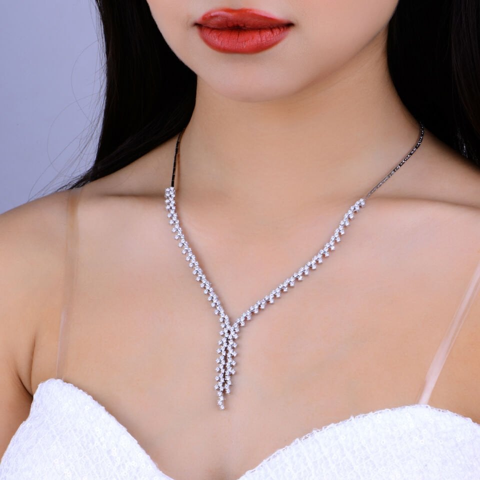 925 Ayar Gümüş Pırlanta Montür Zarif Çift Salkım Su Yolu Set